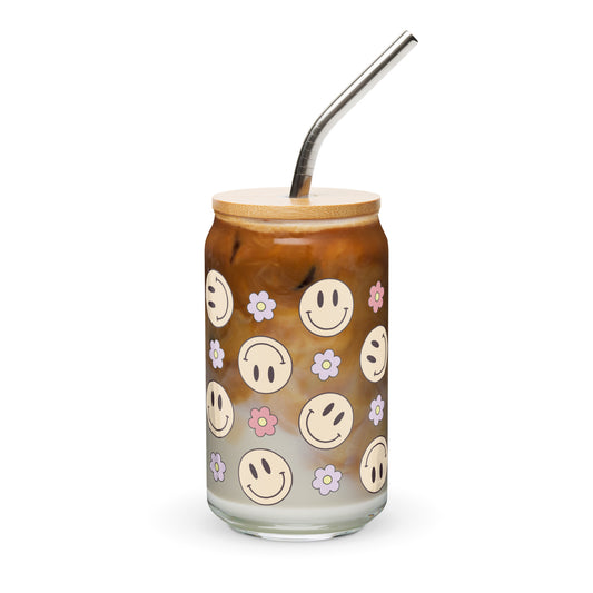 Floral Smiley - 16oz Can-shaped Glass